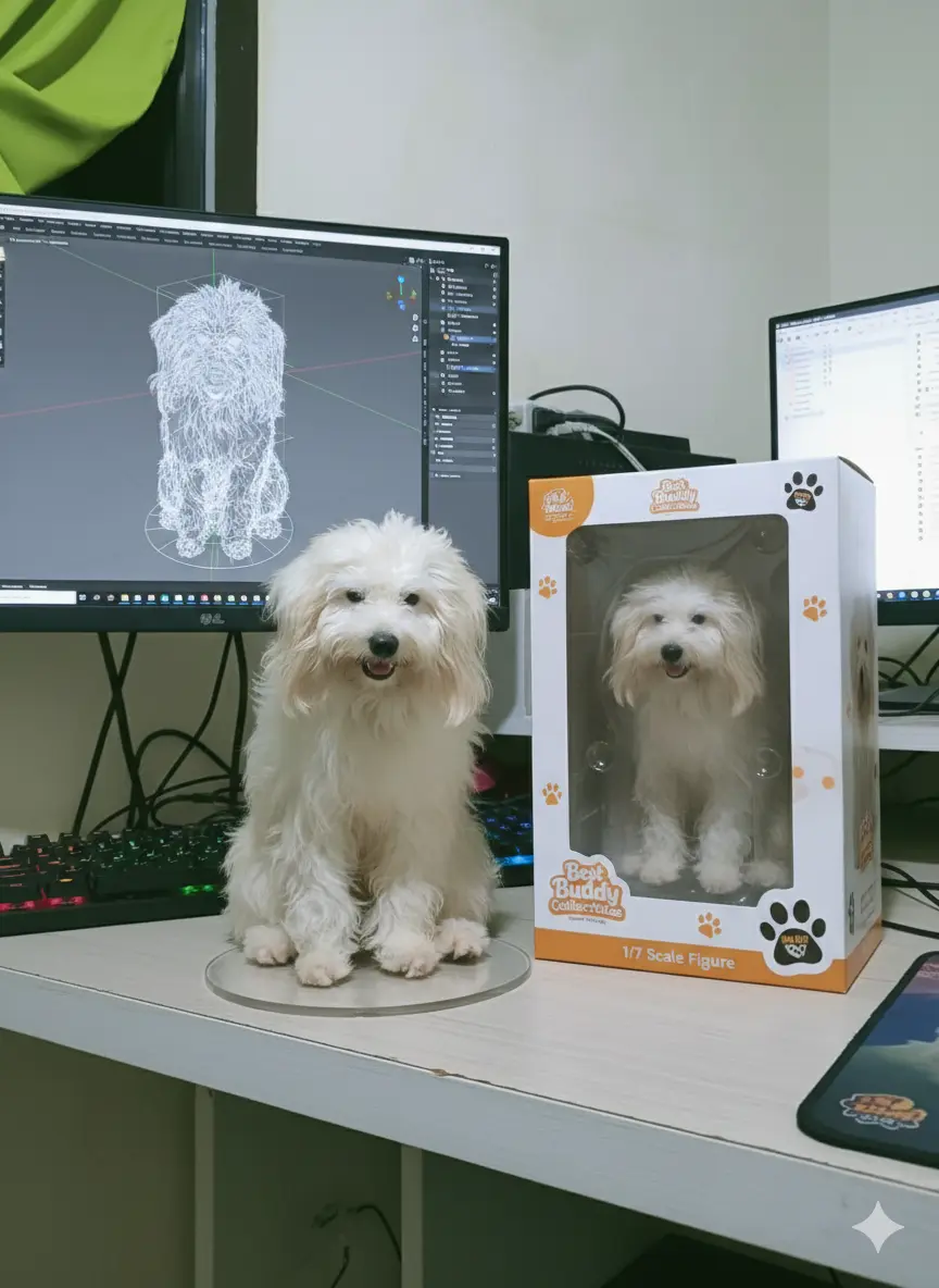 Realistic Character Figure Concept with box packaging and blender model Prompt