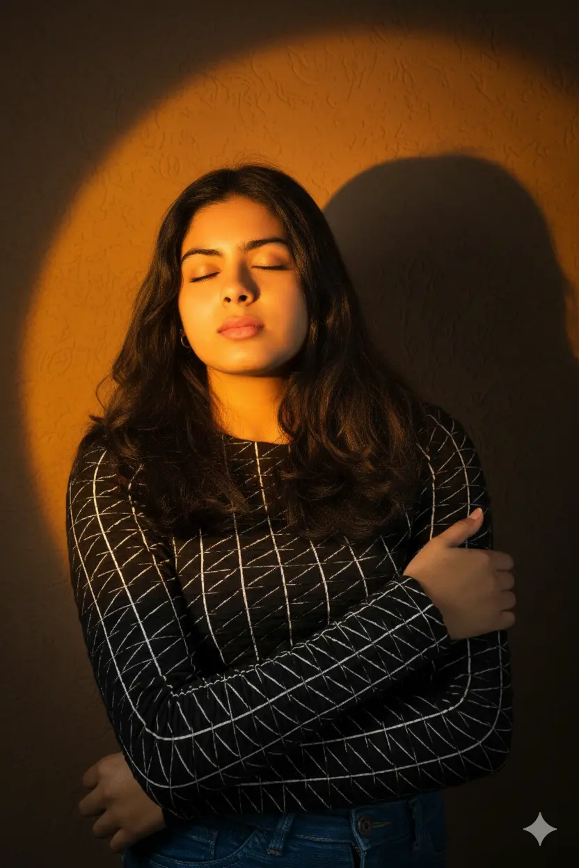 Nano Banana prompt: Golden-orange light with moody studio portrait